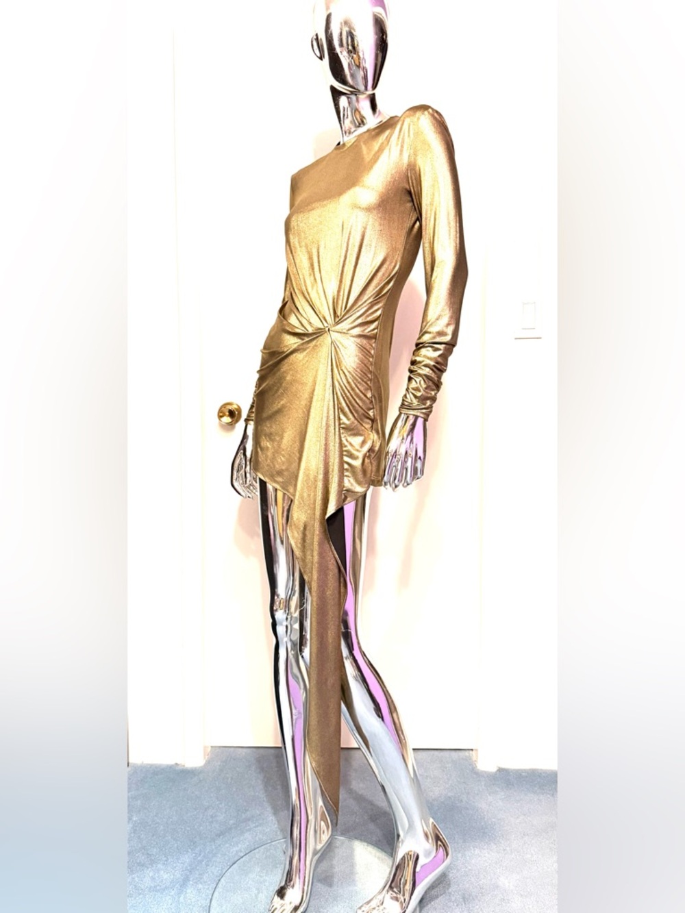 Ronny Kobo Gold Asymmetric Drape Long-Sleeve Mini Dress